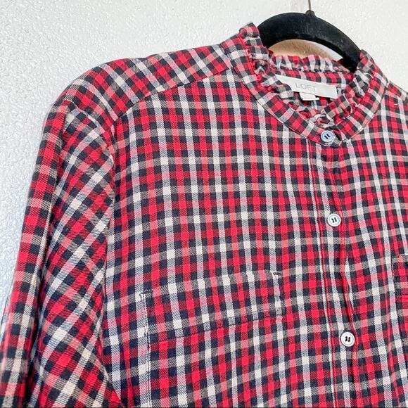 LOFT Red Plaid Ruffle Neck Button Down Top Size Medium - Picture 3 of 8